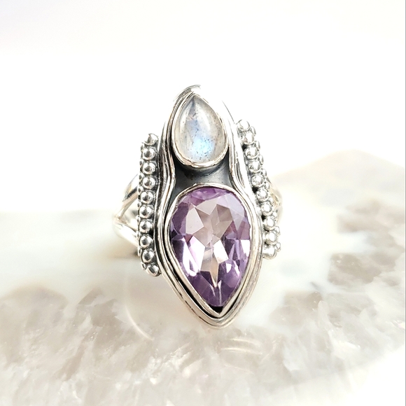 Sterling Silver Amethyst and Labradorite Double Teardrop Ring Size 8 - Picture 10 of 15